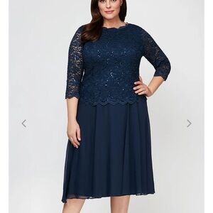 Alex Evenings Navy Sequin Lace Tea Length Dress Size 14 Petite